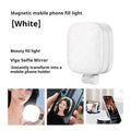 Black and white mini portable fill light with magnetic phone holder showing three colour temperature settings