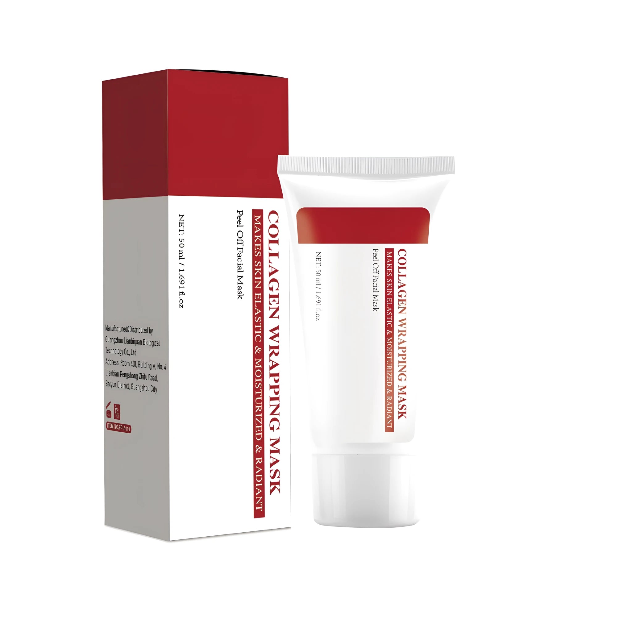 Hydrolyzed collagen hydrating facial mask unit, 50ml, 40mm by 40mm by 113mm packaging.