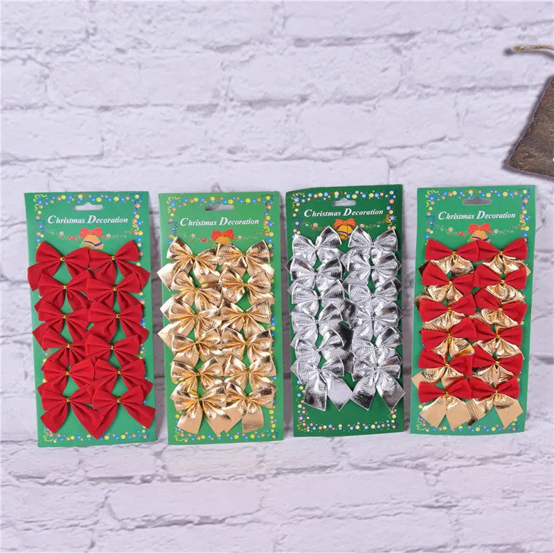 A 5 cm wide red and gold polyester Christmas decoration bow.