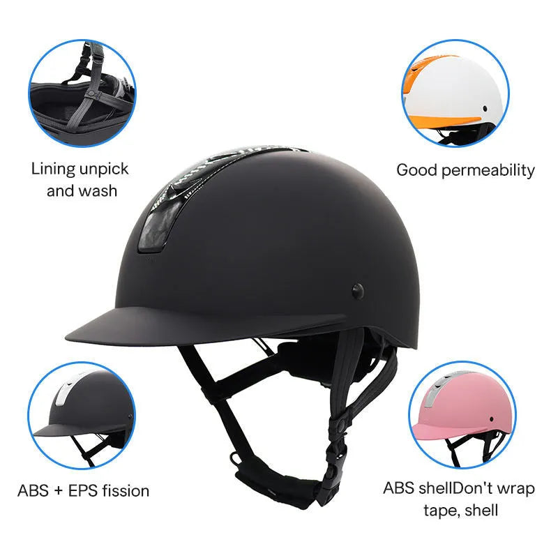 Super light equestrian riding helmet in bright black colour with ABS EPS construction