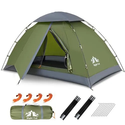 Dark green two-person instant pop-up camping tent with waterproof rainfly