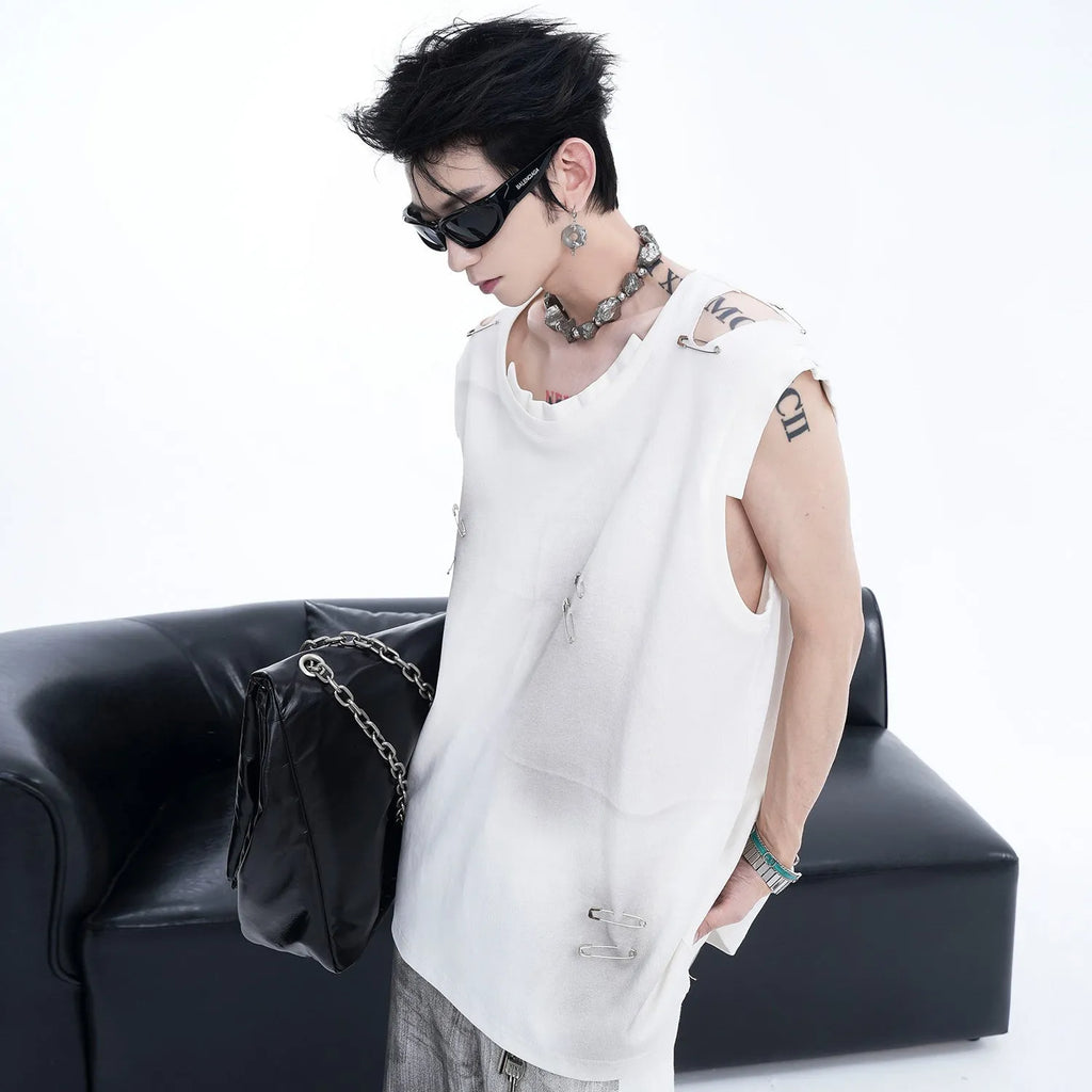 Men's black waistcoat vest with irregular ripped cutting detail, sleeveless t-shirt design