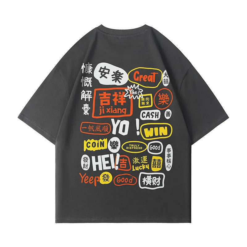 Men's manga graffiti print cotton t-shirt in black, round neck short sleeves regular fit