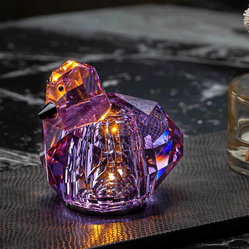 Portable crystal table lamp with 3-level dimming, compact 85x80mm size, available in purple, pink, and transparent colours