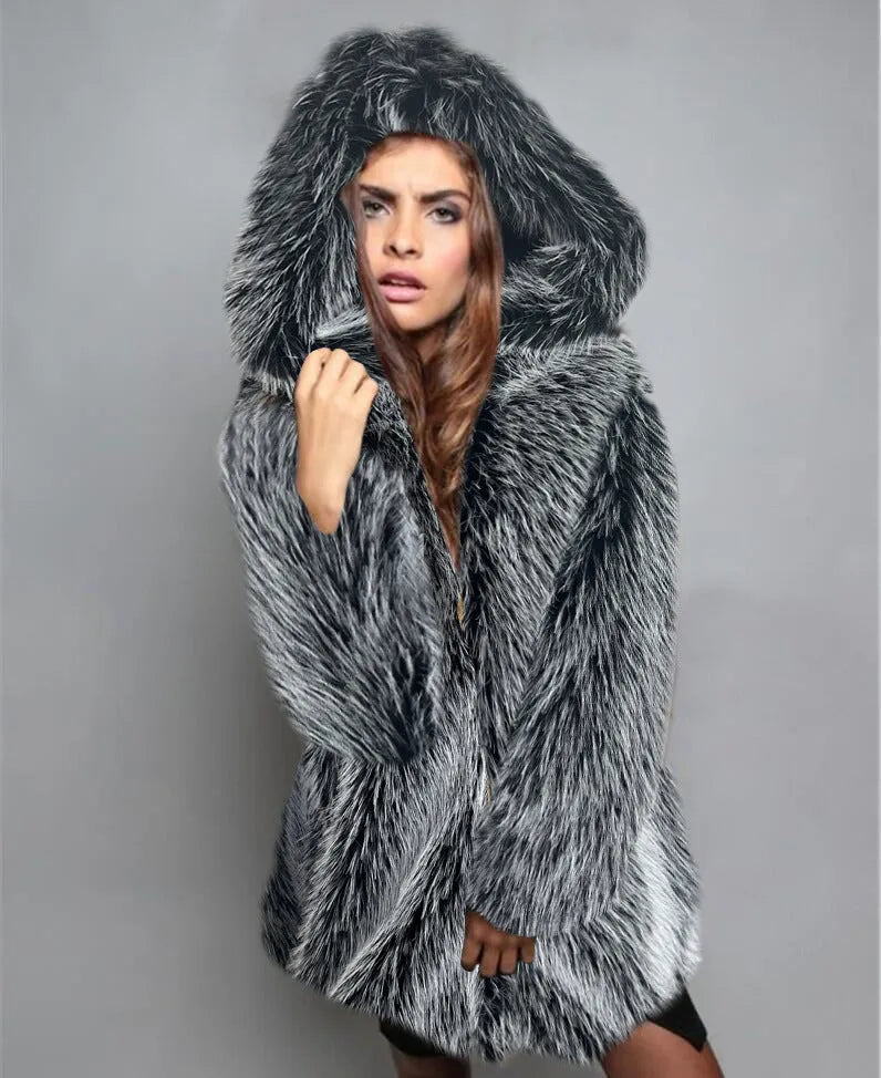 Women's silver grey artificial fur coat with a loose, mid-length design