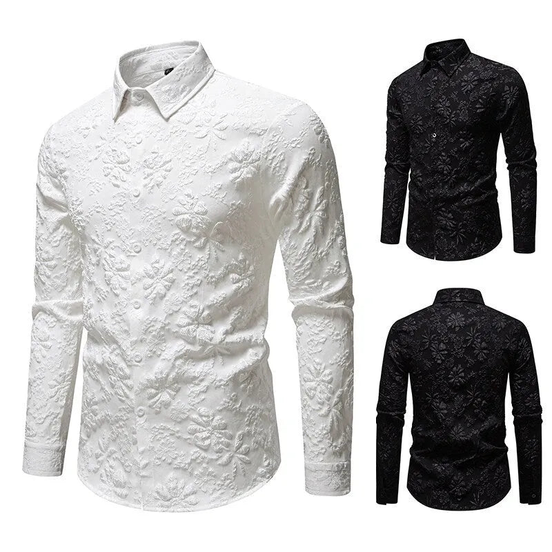 Men's floral jacquard long sleeve shirt, loose-fit cardigan style, solid colour in black, side view