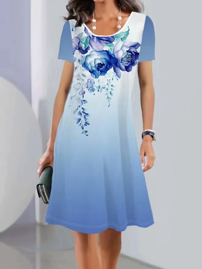 A-line floral print summer dress with short sleeves and a round neck, made from light ice silk fabric.