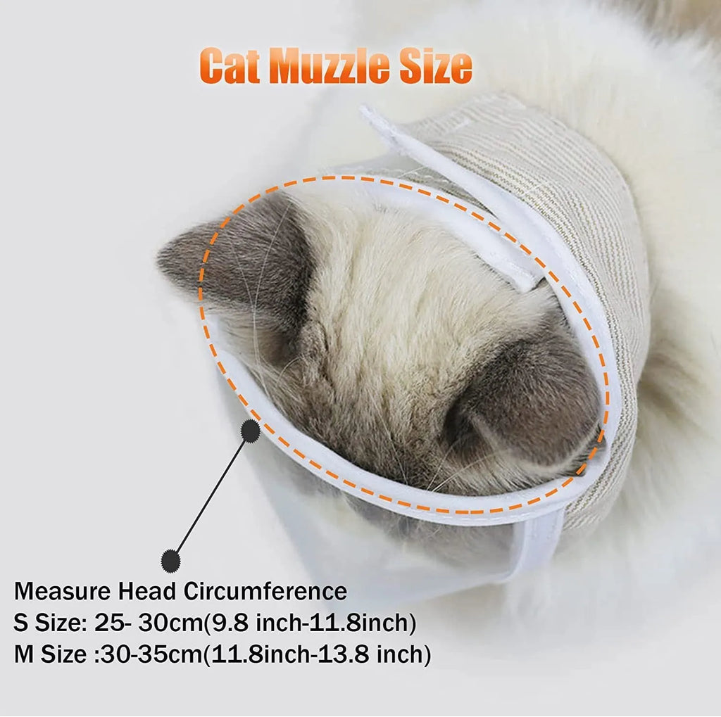 Clear PVC and cotton cat anti-bite muzzle shown in small and medium sizes for grooming.