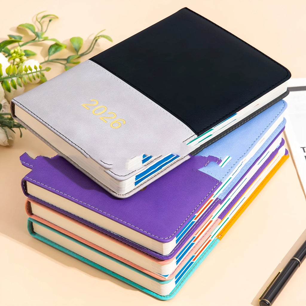 A5 imitation leather schedule book with waist seal and double stitching, one page per day notebook in four colours