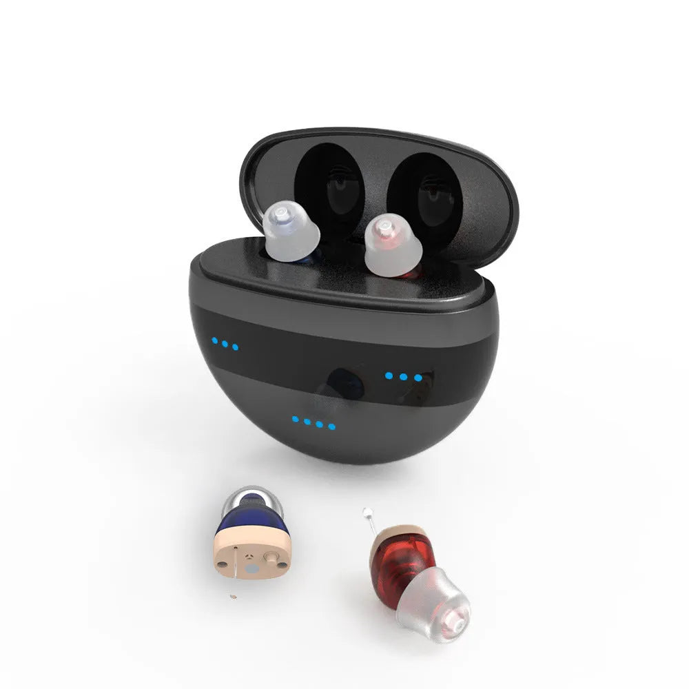 C700 digital in-ear hearing amplifier in red or blue with charging box and accessories