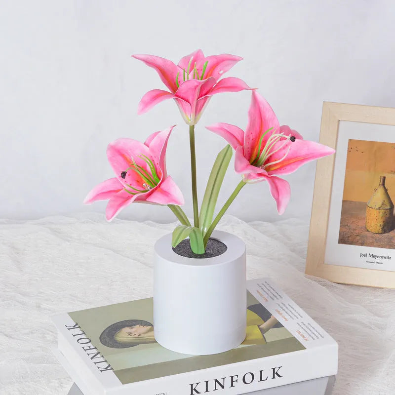 Rechargeable LED lily flower pot lamp with lily-white glow, flower shape on tabletop