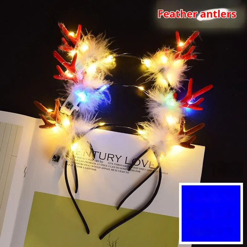Glowing headdress antlers headband with LED lights on pink background, plastic construction with cat ears style