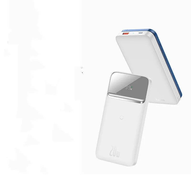 White or blue MagSafe magnetic wireless power bank with LCD display showing battery percentage