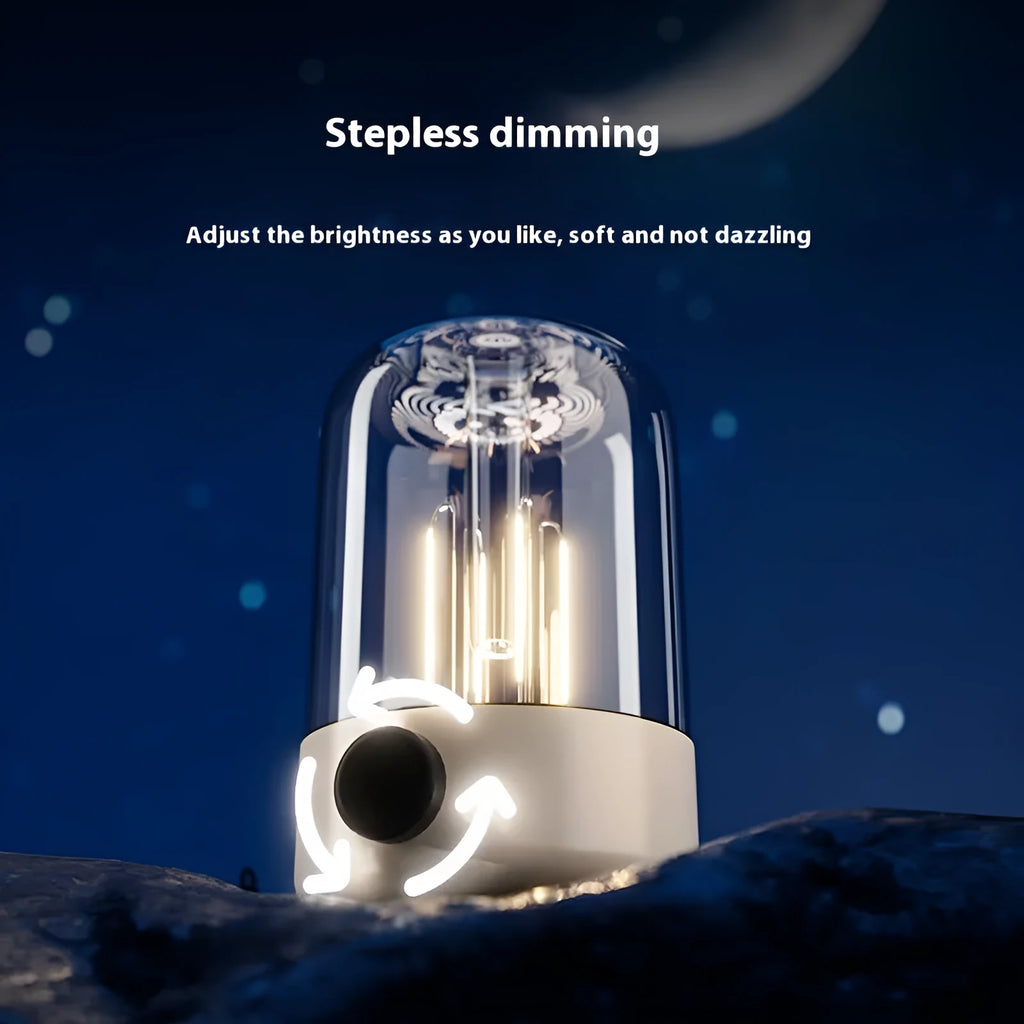 Beige and black USB rechargeable camping lantern with analog brightness knob and tungsten LED lighting