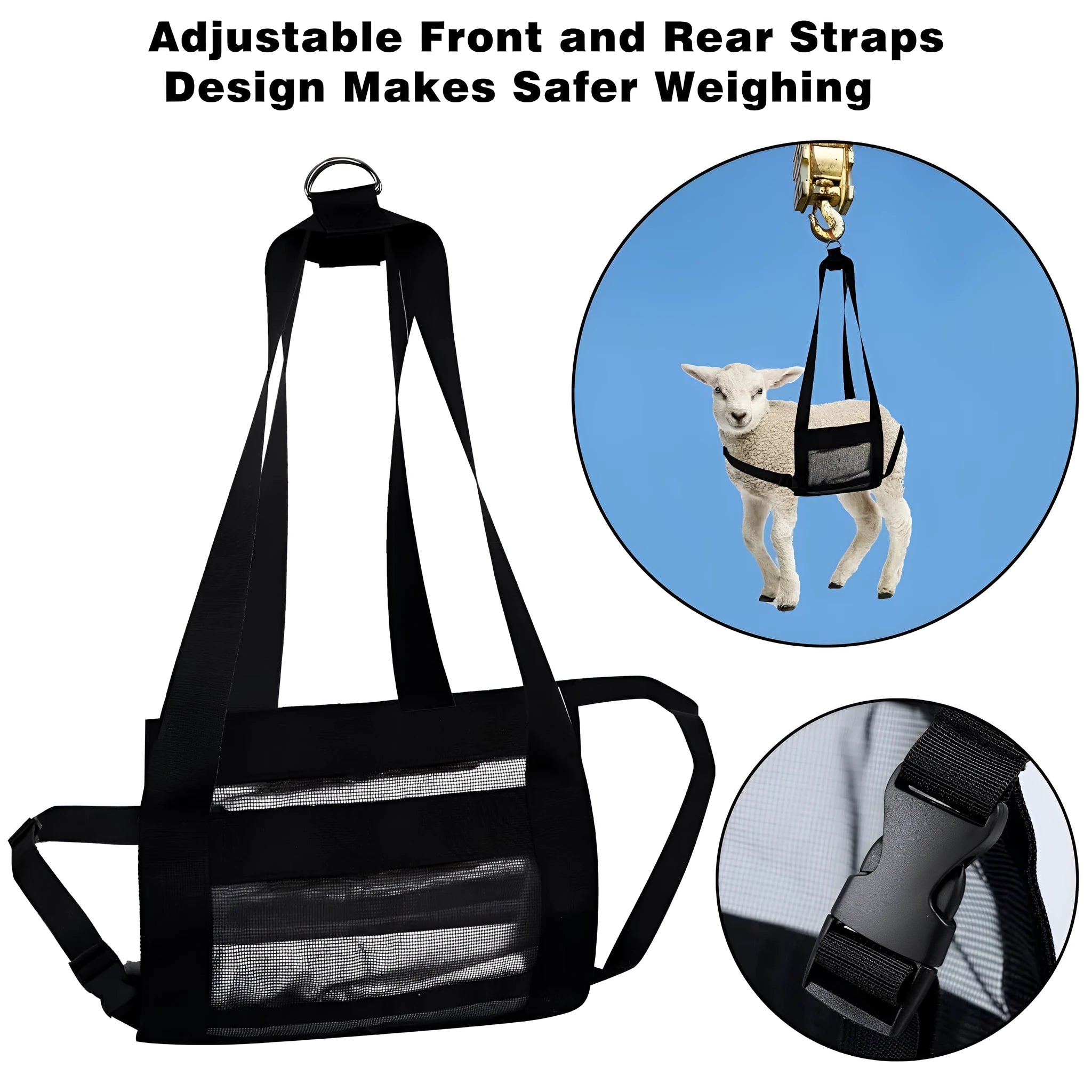 Black polyester calf and large dog weighing sling measuring 150cm long with D-rings.
