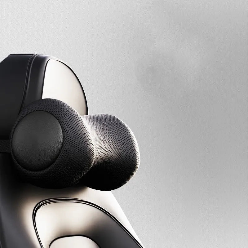 Car seat massage cushion and headrest in memory cotton, shown in black, brown, and grey colour options.