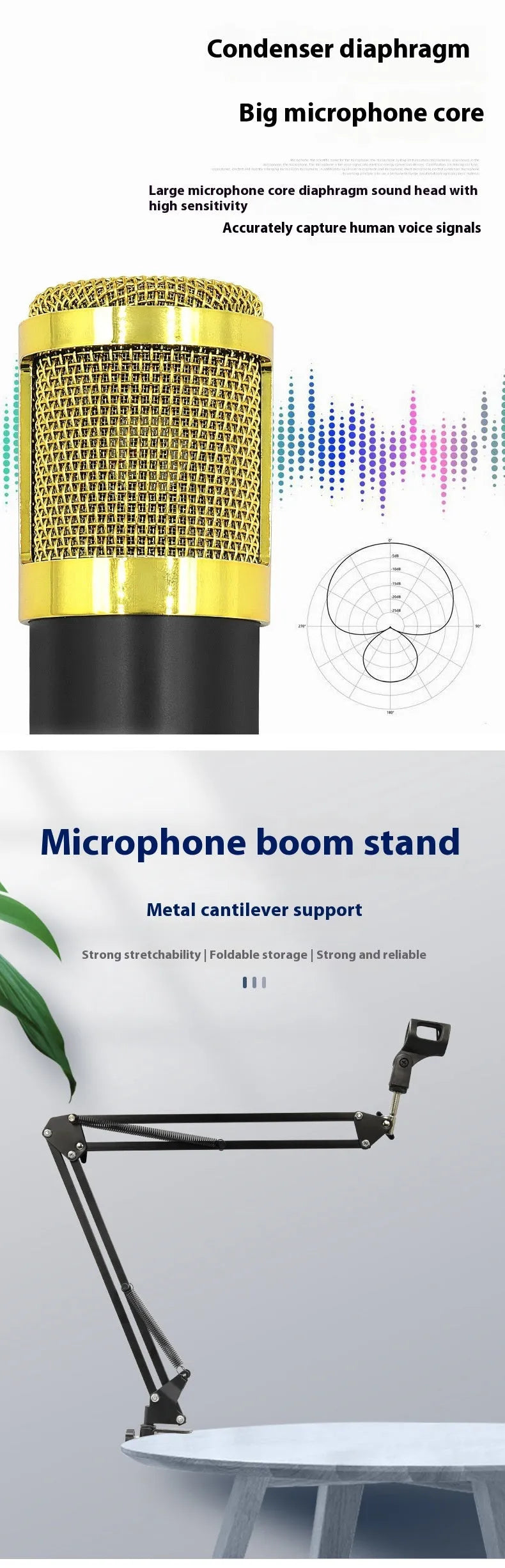 Black gold single wheat capacitor microphone set with cantilever bracket for mobile recording