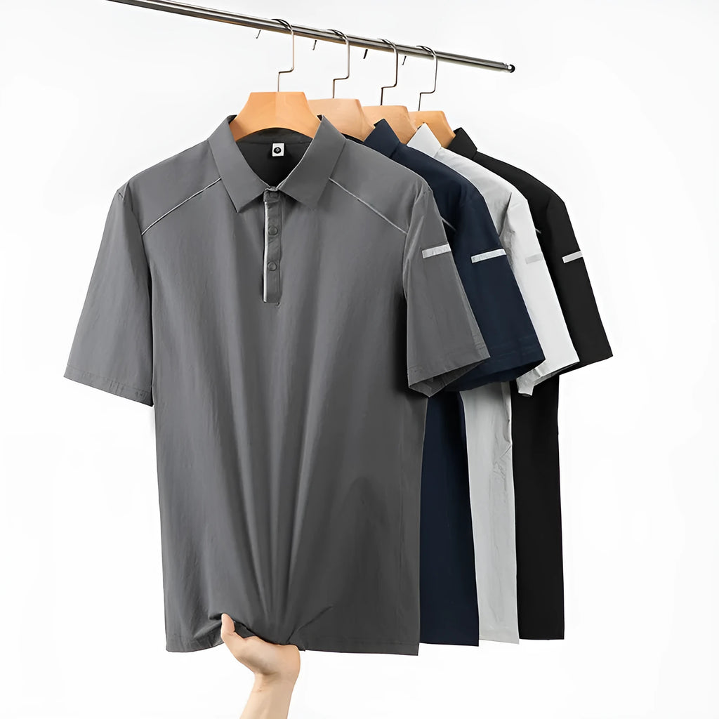 Light luxury polo shirt in quick-dry fabric showing slit design detail and solid colour options
