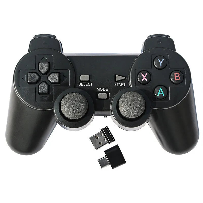Classic Black 2.4G wireless gamepad controller with USB receiver for Android TV, PC, and PS3.