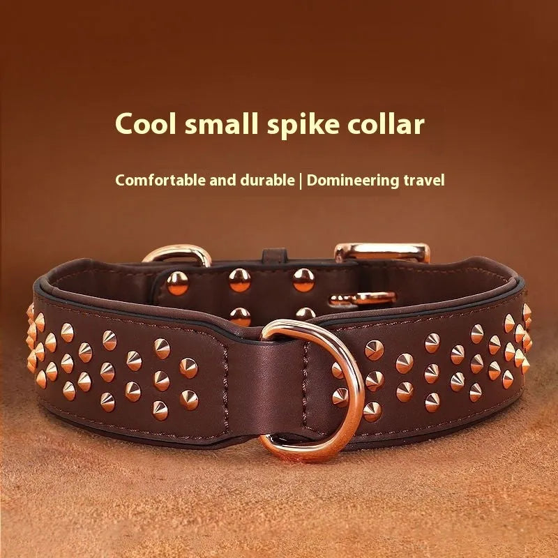 Leather dog collar with anti-bite rivets and a metal D-ring in black colour
