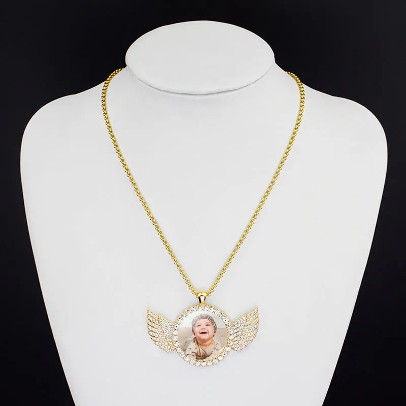 Custom photo angel wings pendant necklace, copper and zircon medallion 68mm x 53mm x 3mm with twist or tennis chain