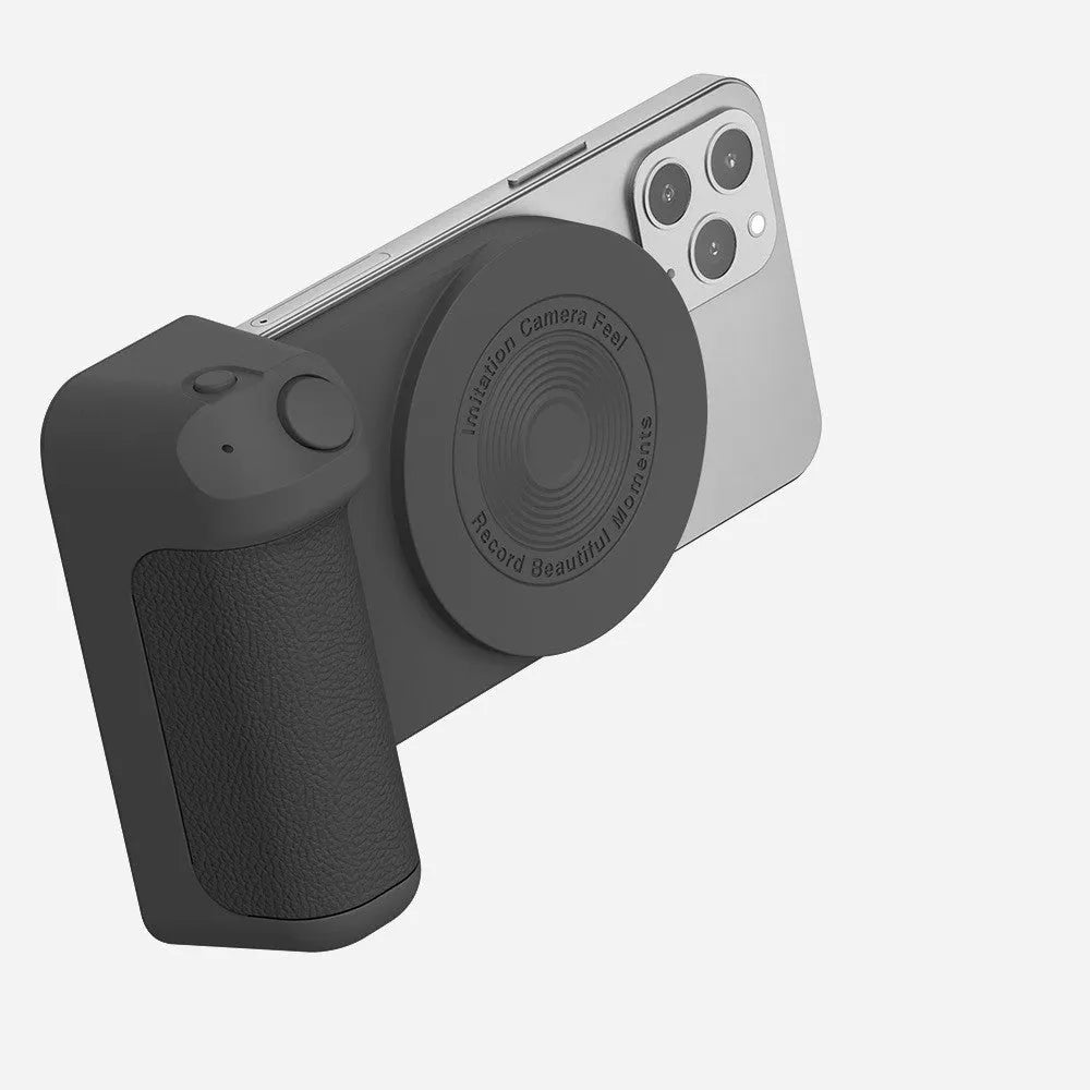 Black magnetic phone camera holder with rotatable grip and ergonomic PU leather handle