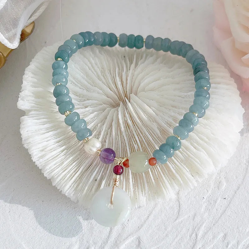 Natural blue water jade bracelet with gourd peace buckle charm in ethnic retro style