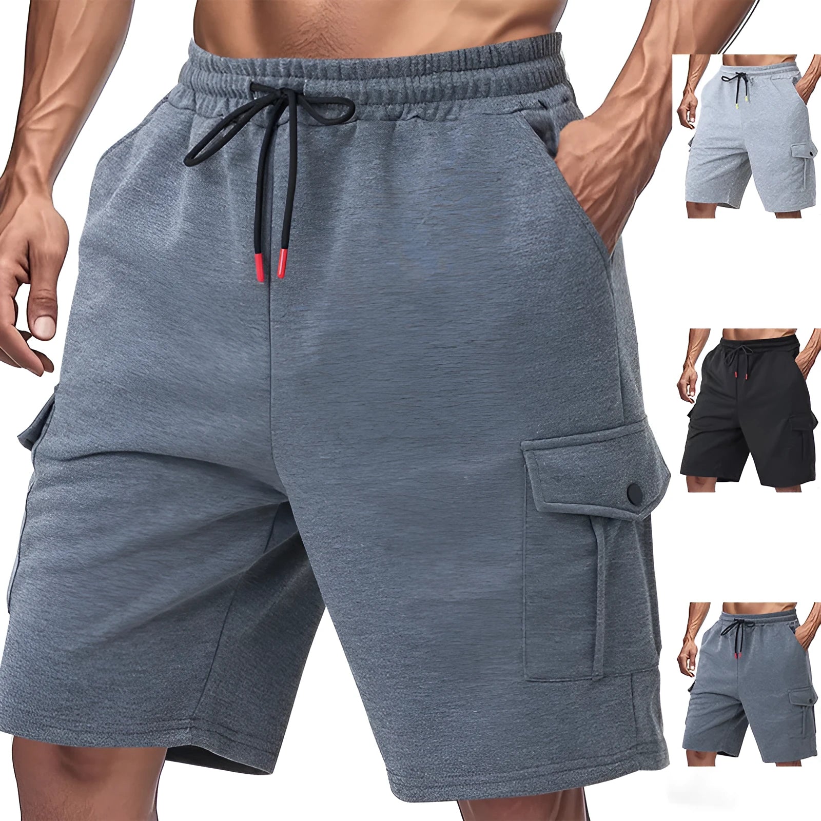 Men's heavy grey terry cloth cargo shorts with multiple pockets, shown in a loose fit for summer sports.