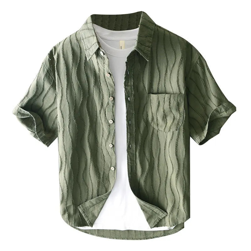 Men's apricot pure cotton loose short sleeve casual shirt on a hanger