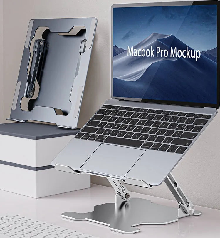 Grey adjustable aluminum laptop stand in folded and open positions on a wooden desk