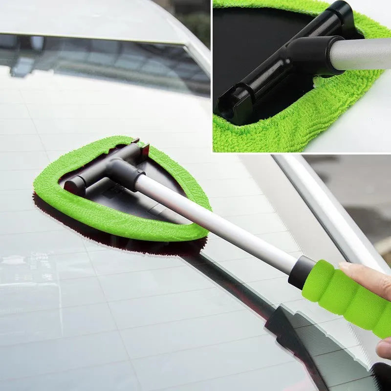 Plastic car windshield cleaning brush in choice of green, red, or sapphire blue colours