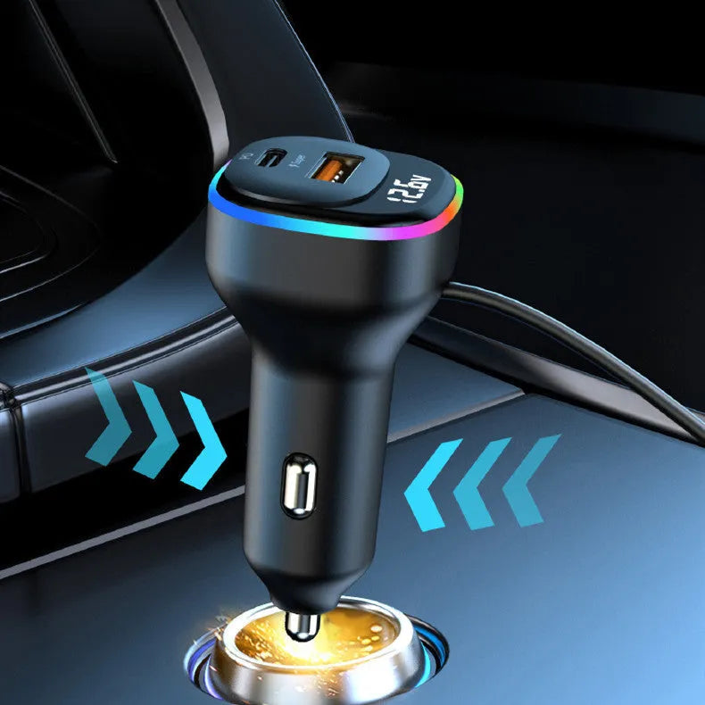 Black plastic YQ5 multi-function car charger with super fast charge plugged into a car socket
