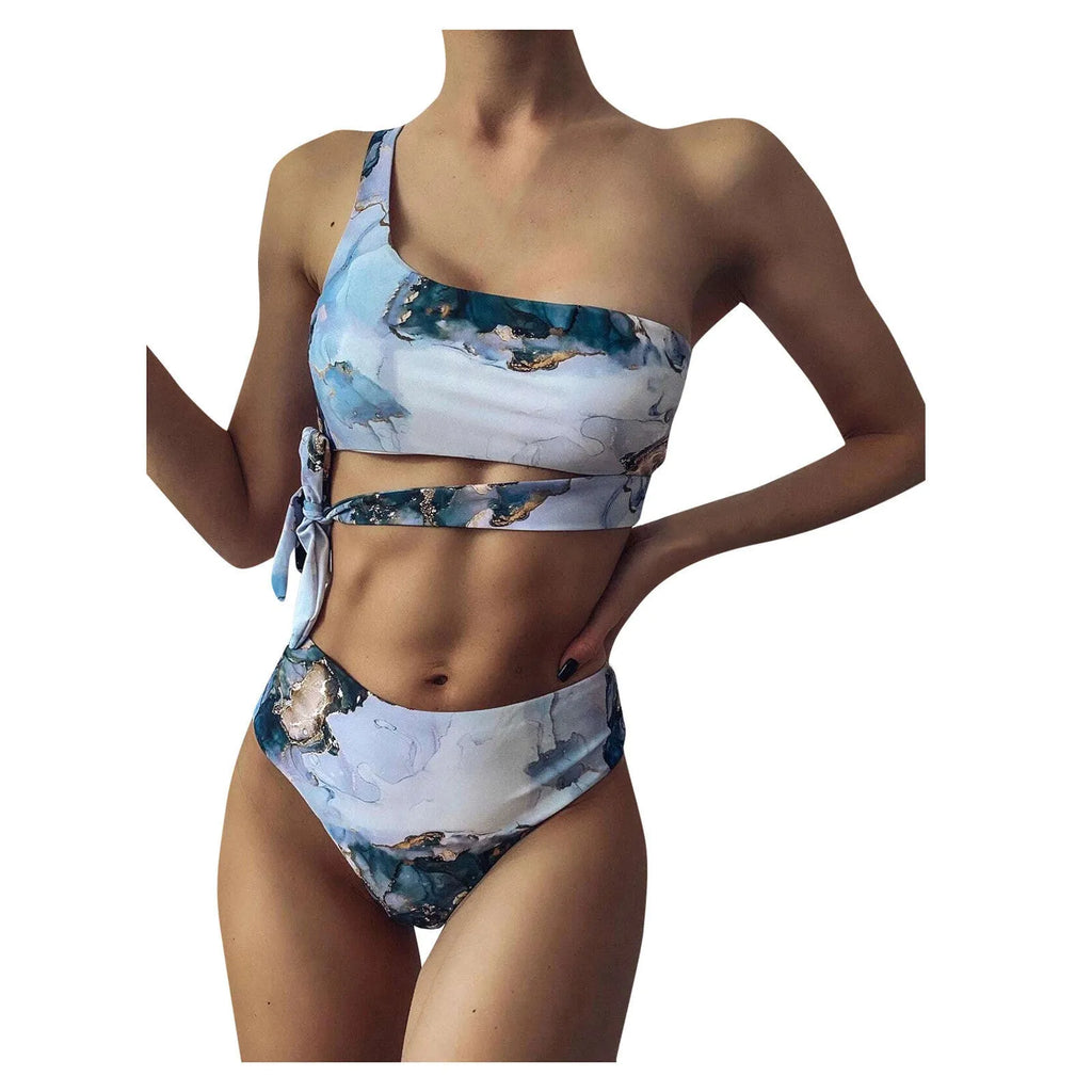 Women's high-waist U-neck separated bikini swimsuit with marble tie-dye printing