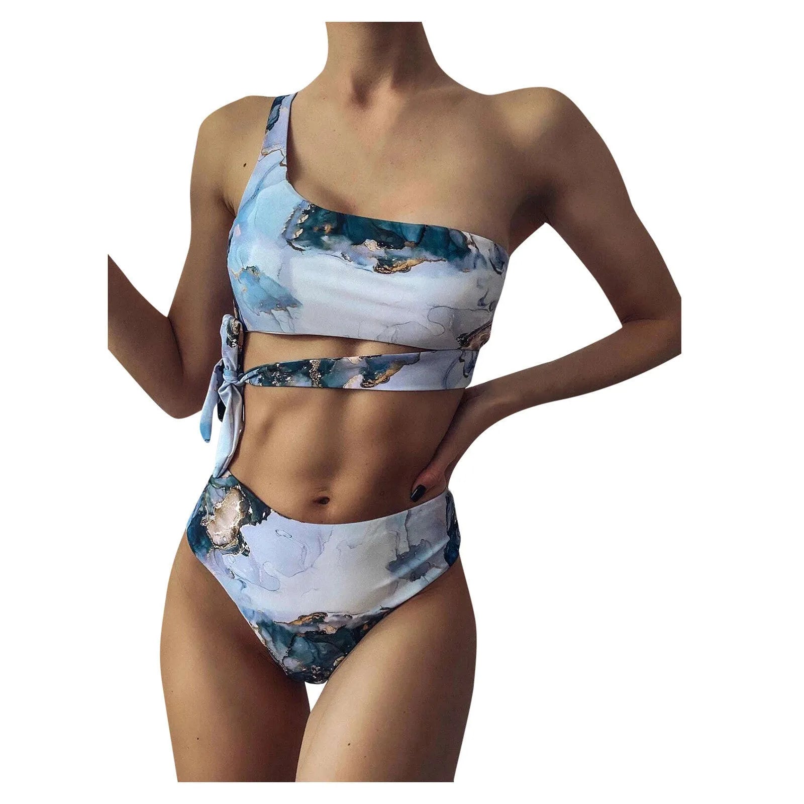 Women's high-waist U-neck separated bikini swimsuit with marble tie-dye printing