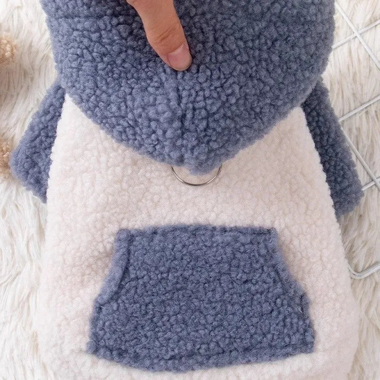 Brown thickened cotton-padded hooded coat on a dog showing hood up and belly fastening