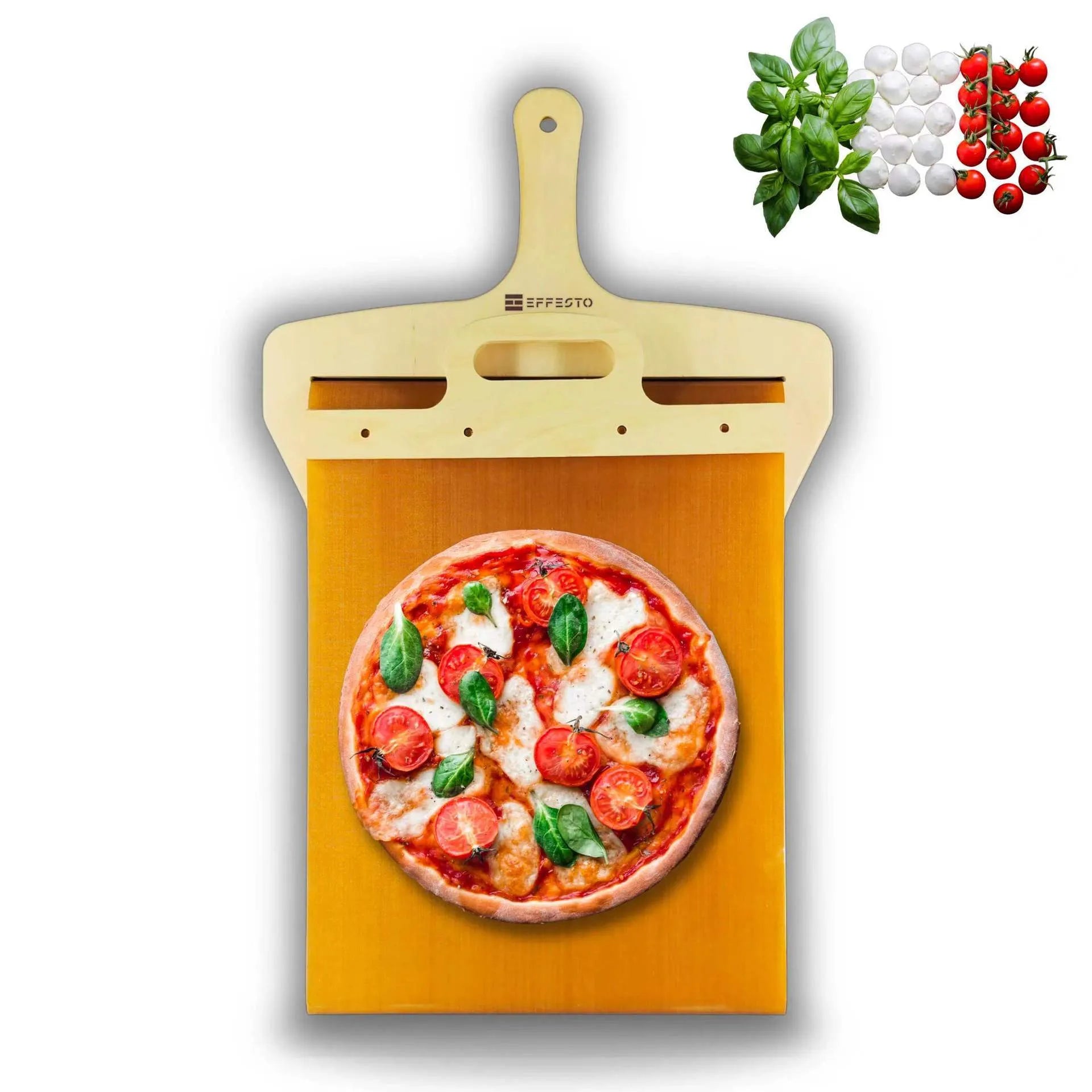 Wooden pizza transfer shovel with cutting board surface and hanging hole