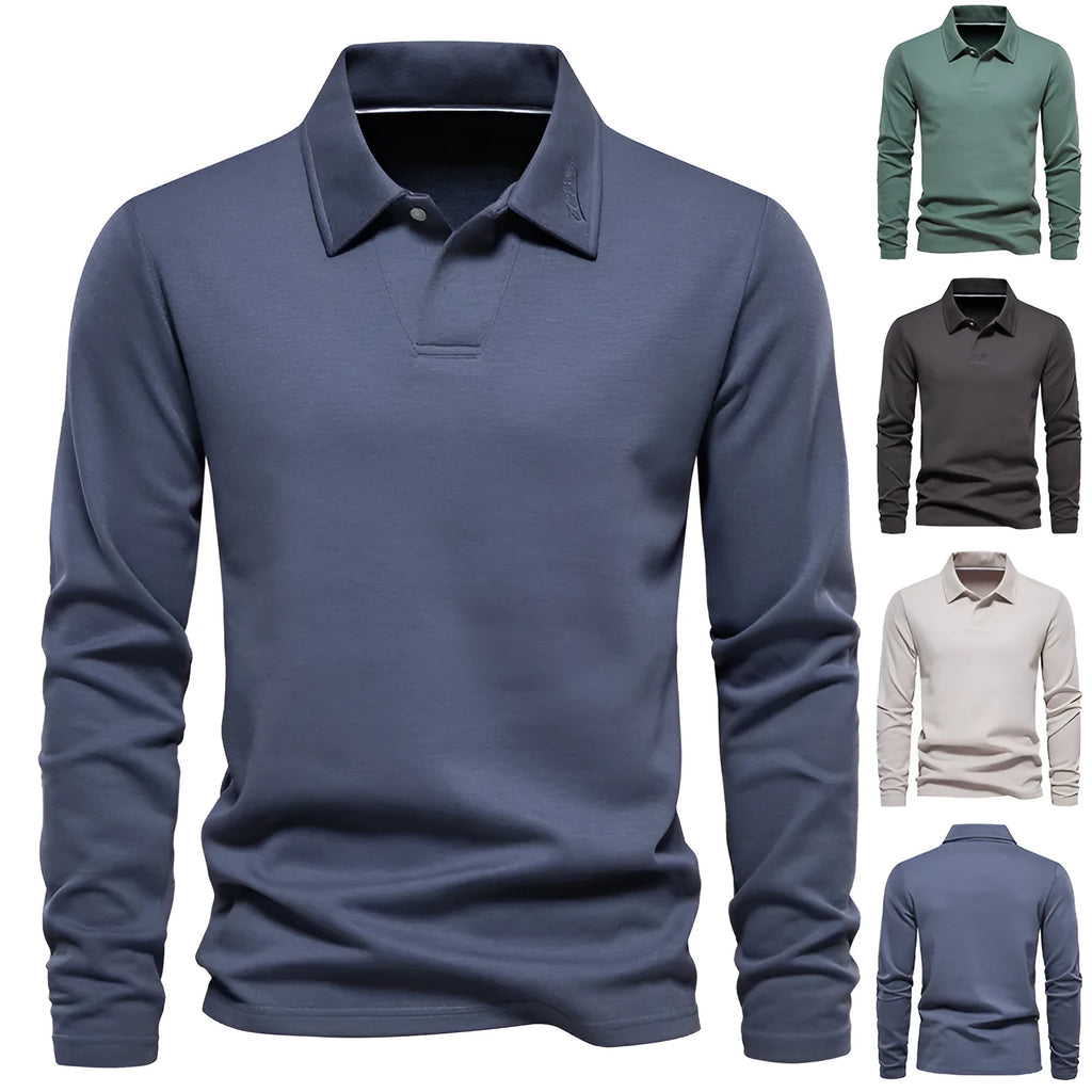 Men's cotton blend long-sleeved polo shirt in solid colour regular fit autumn top