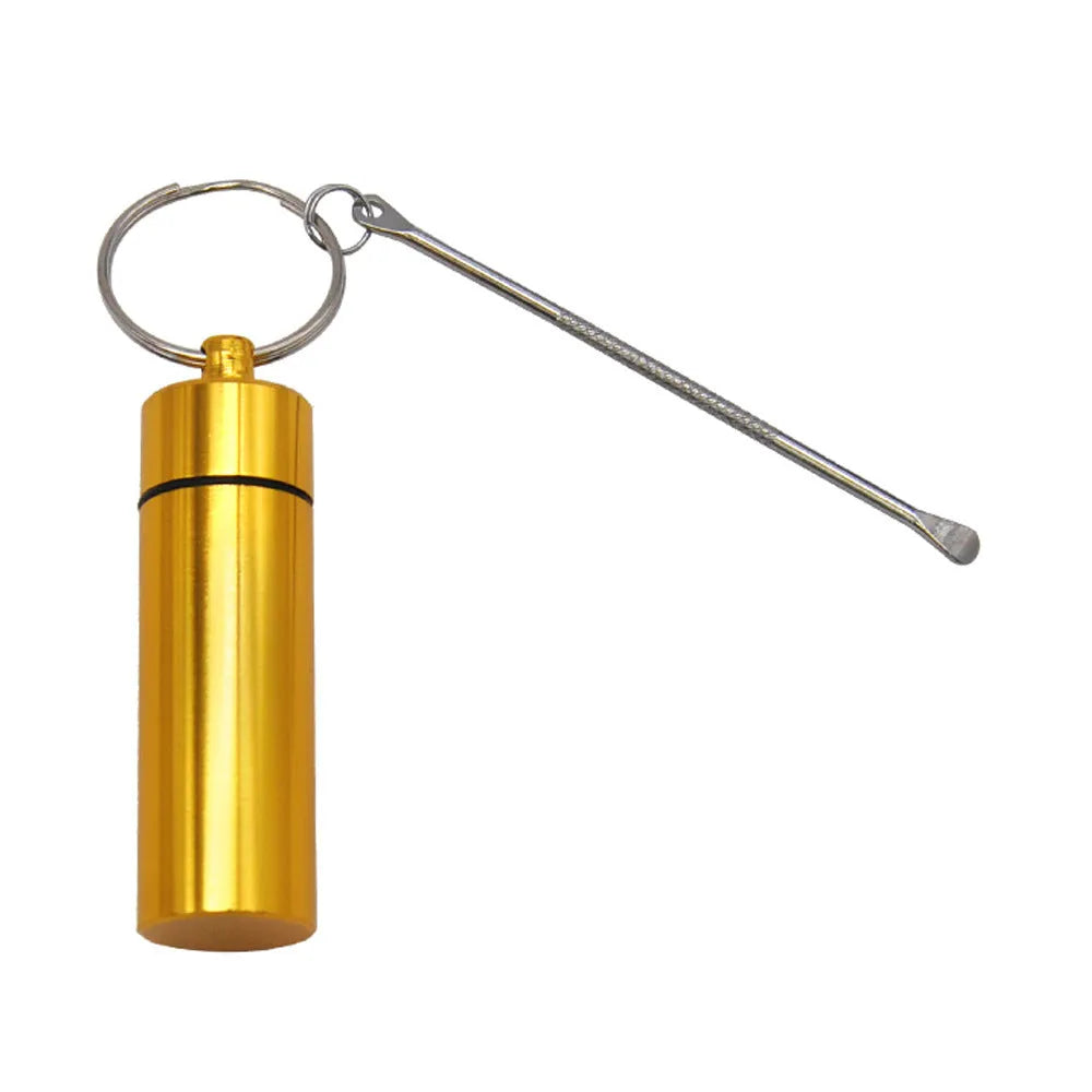 Aluminium portable medicine storage bottle with keychain and spoon in multiple colour options.
