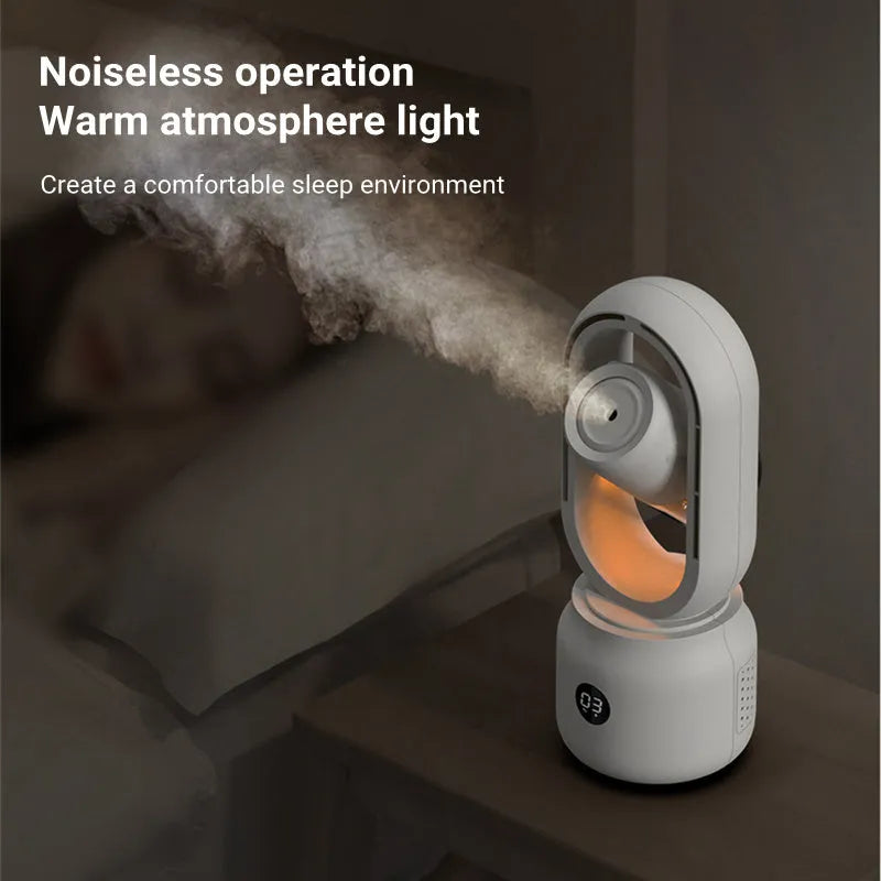 White bladeless table fan with water tank humidifier and digital control panel.