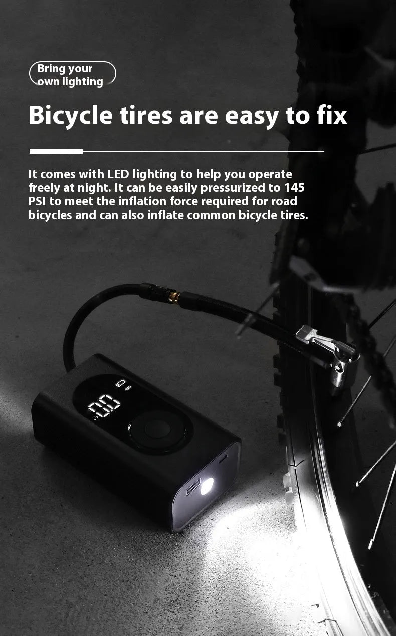 Handheld wireless tyre pump with digital display, air hose, USB cable, and LED flashlight.