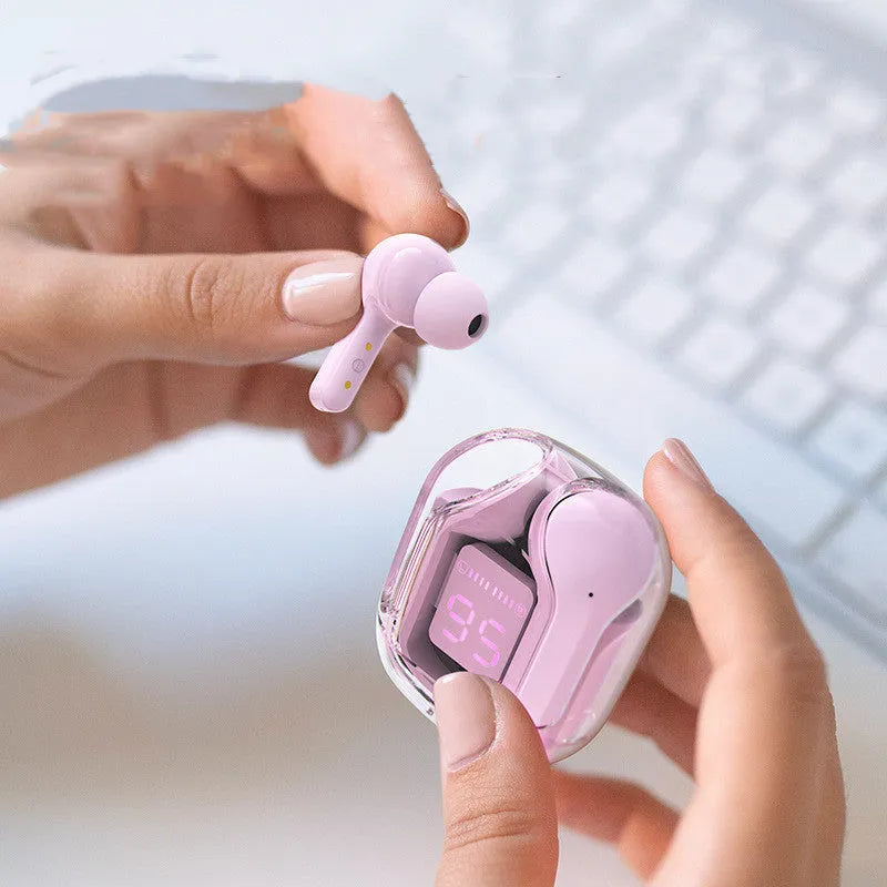 Wireless Bluetooth headphones with LED battery display in pink, grey, blue, green colours with silicone case