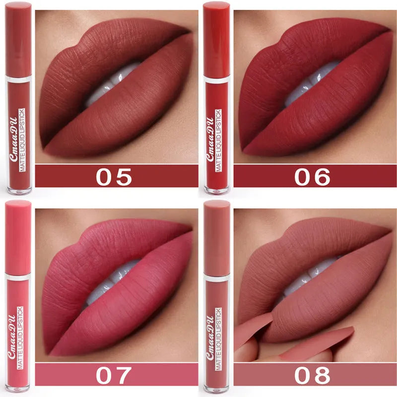 Set of 10 women's matte lipsticks in assorted colours with waterproof and non-stick cup features.