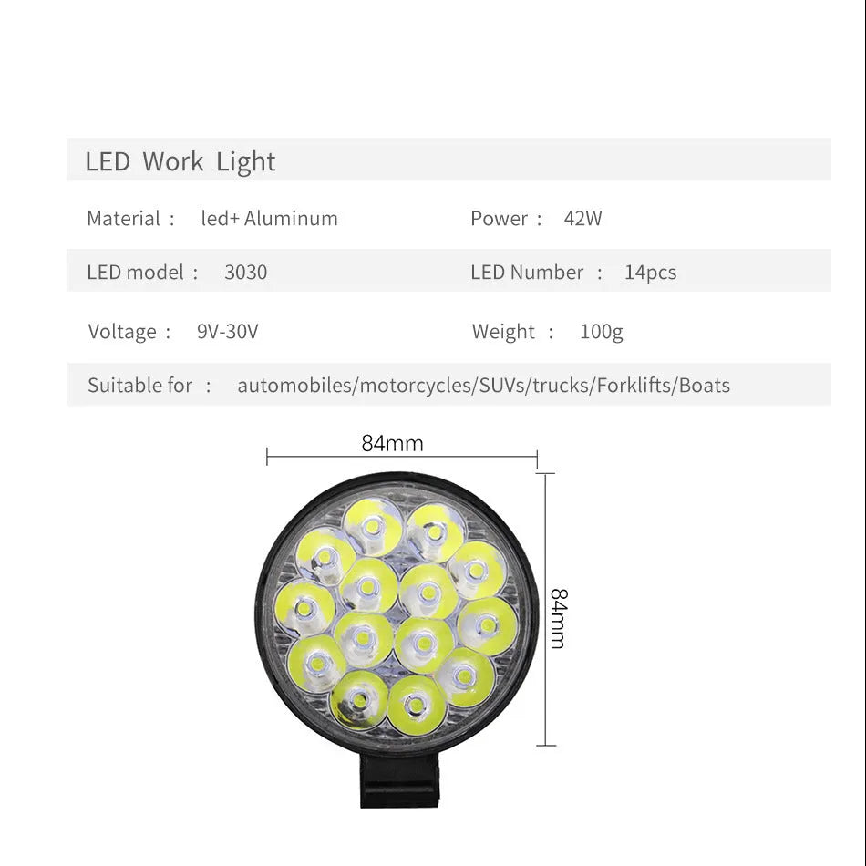 Compact round aluminium LED work light with white light, suitable for vehicle mounting.