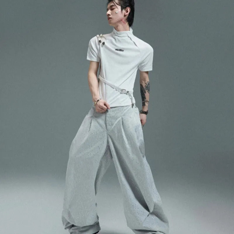 Men's cotton short sleeve t-shirt with metal belt detail in slim fit black or white options