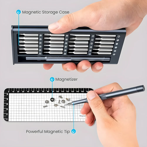 25-in-1 magnetic precision screwdriver set with knurled handle and chrome vanadium steel bits