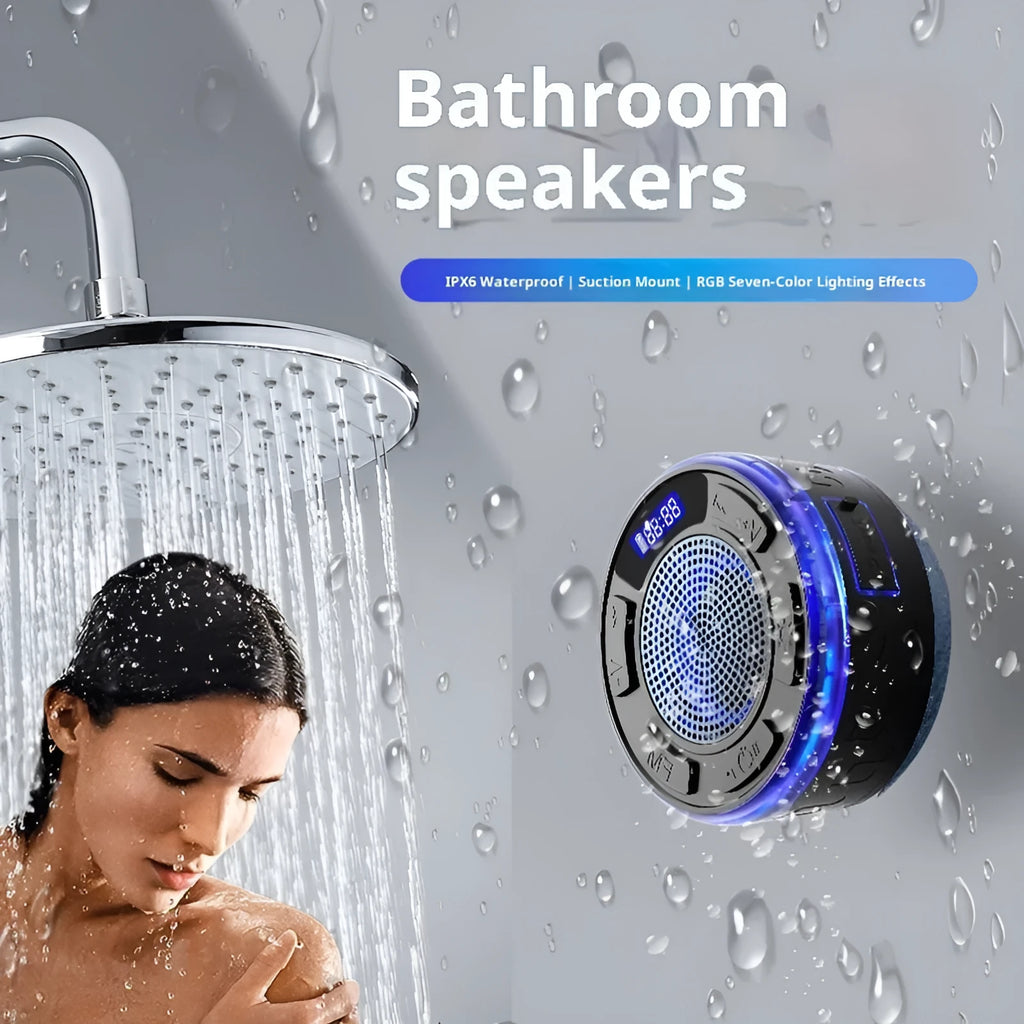 Mini waterproof Bluetooth speaker with suction cup in black for bathroom use