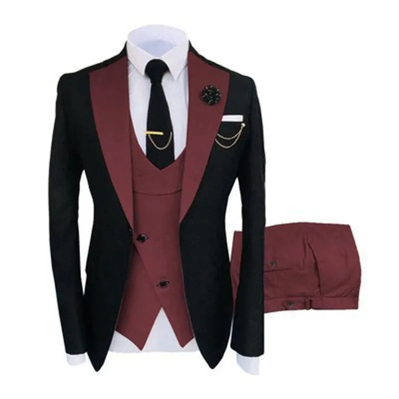 Men's slim fit three-piece cotton suit with coat, vest, and trousers for formal occasions