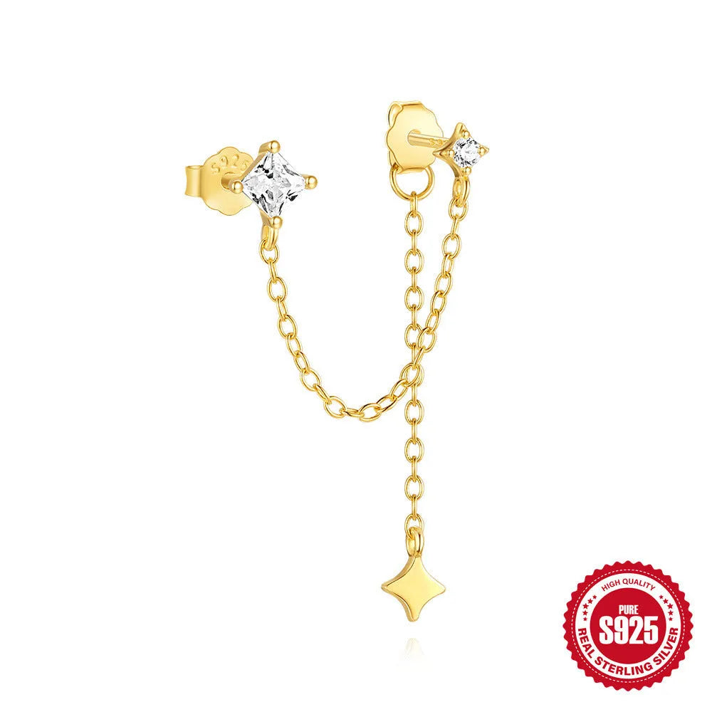 Golden geometric sterling silver earrings with zircon inlays for double piercings