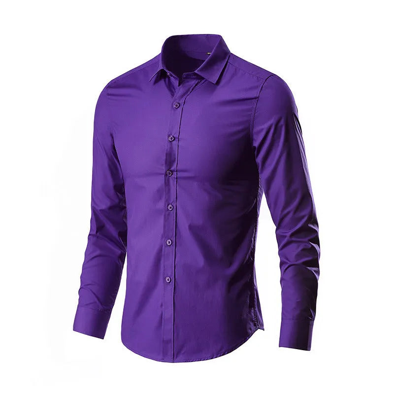 Long-sleeve linen shirt in a slim loose fit on a hanger, shown in a navy blue colour.