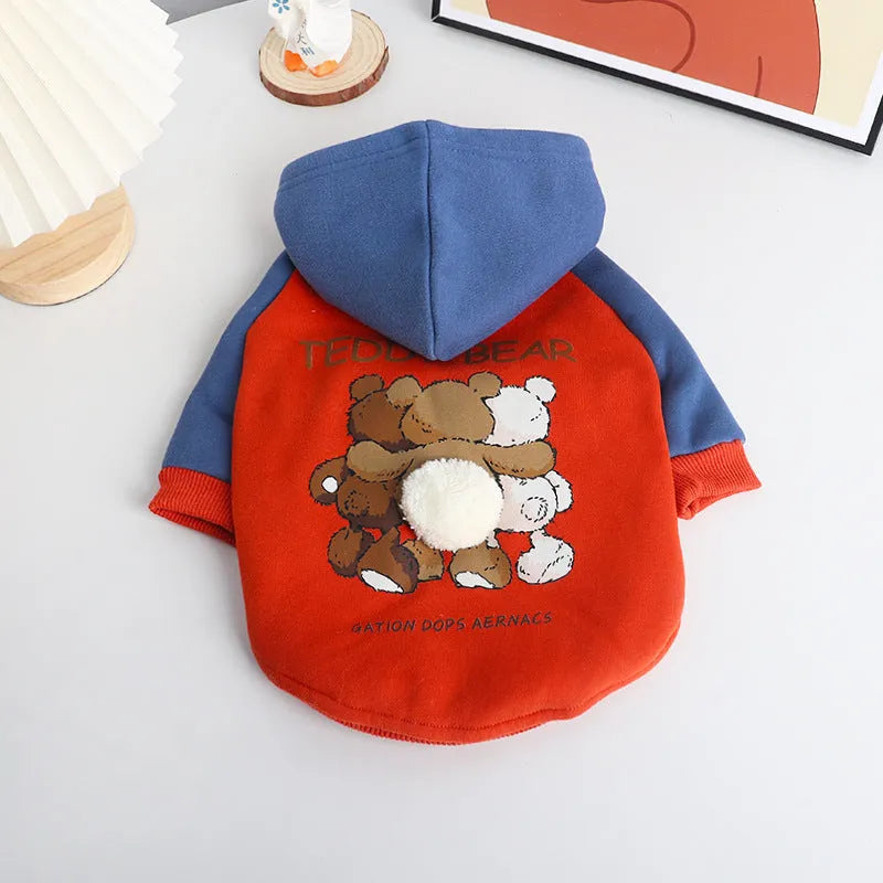 Red cotton dog coat for small to medium-sized breeds like Teddy or French Bulldog on a size chart showing L to 4XL.